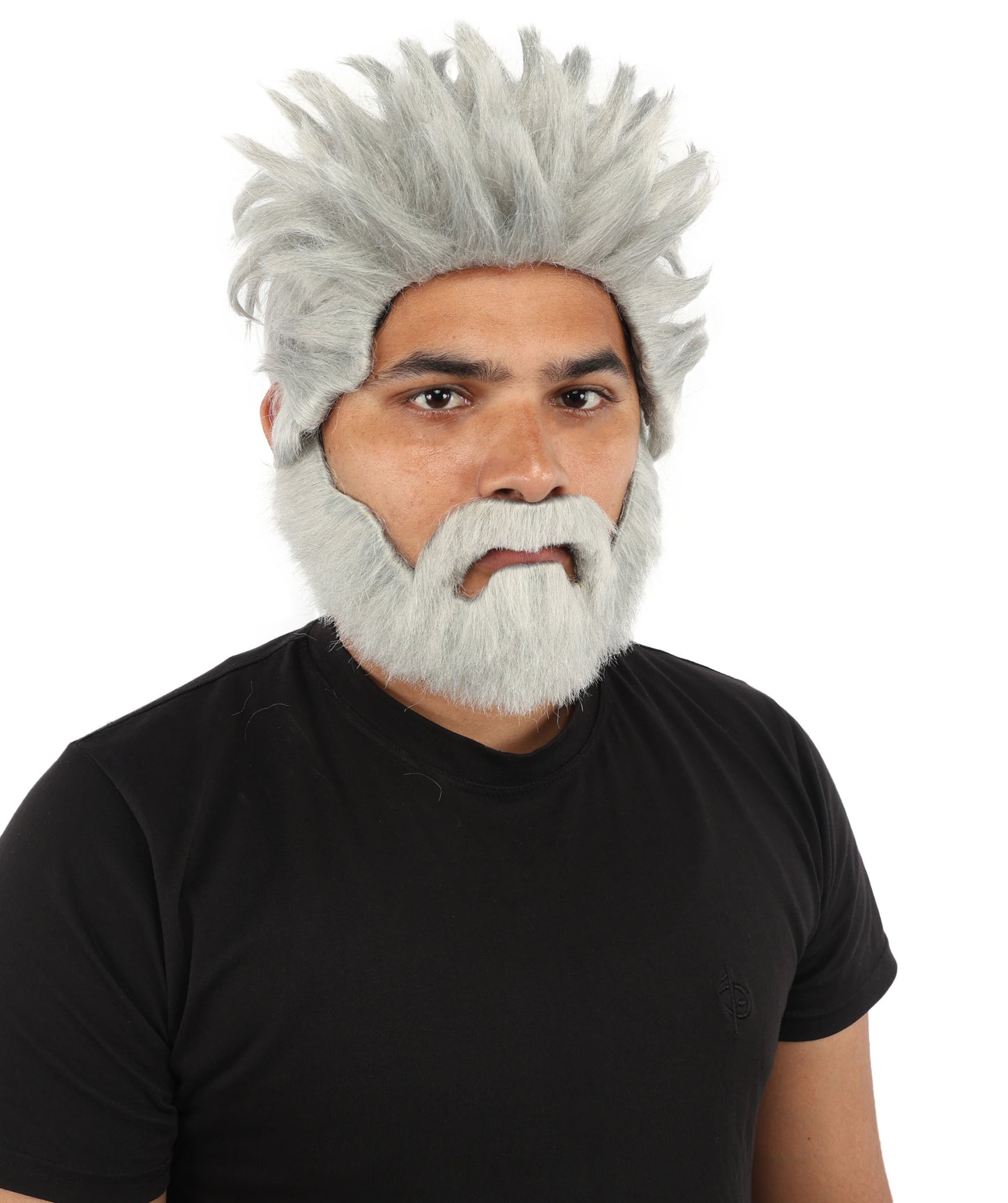 HPO Men’s Animated Genius Spiky Wig Beard & Mustache Set  – Wild Mad Scientist Pointed Beard & Curled Mustache Combo | Ideal for Animated Cosplay, Halloween Parties & Events