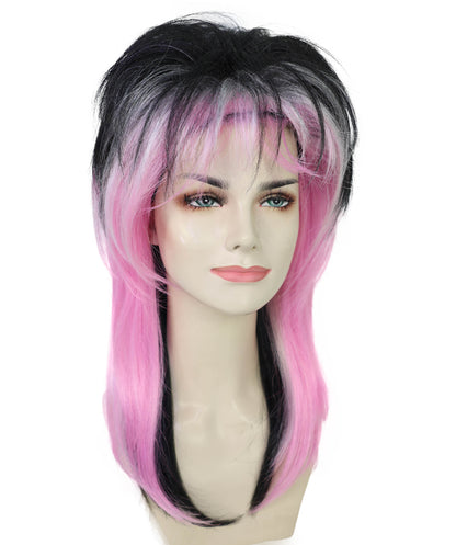HPO Adult Women’s  80’s Rock Star Wig | Black & Pink Layered Hair for Halloween & Themed Parties| Breathable Capless Cap