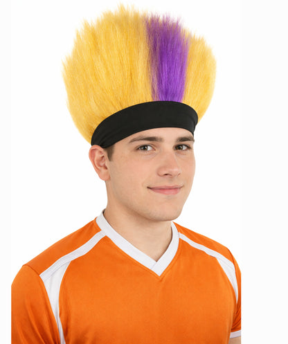 HPO Men's Purple and Golden Spiky Wig | Short Upright Mohawk Style Flame-retardant Synthetic Fiber Headband Design | Halloween Themed Party Dress Up Sports Fan Accessory