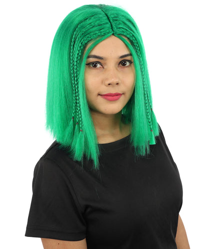 HPO Celebrity-Style 11 Inch Green Rooted Blonde Front Braided Straight Wig | Shoulder-Length Fun, Bold, and Stylish Hairpiece  | Ideal for Halloween, Cosplay, and Themed Parties