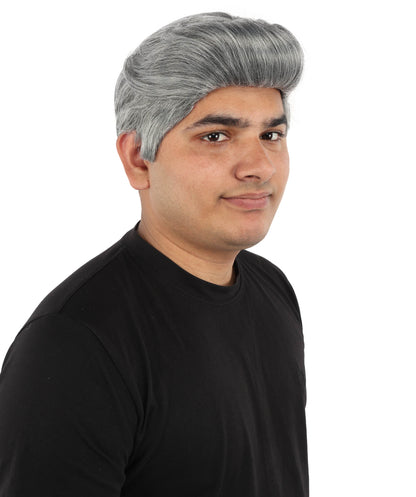 HPO Men's Silver Dark Grey Short Swept Wig | Flame-Retardant Synthetic Fiber with Capless Cap | Ideal for Theater, Halloween and Cosplay