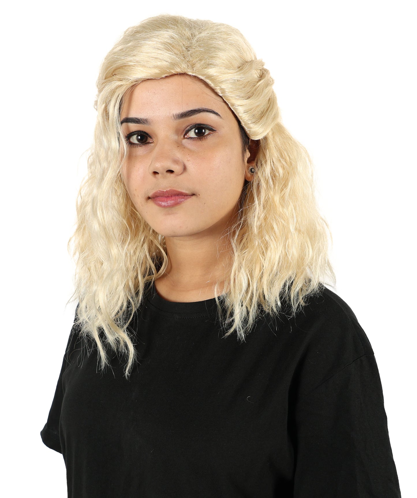 HPO Women’s Blonde Medium-Length Wavy Wig | Flame-Resistant Medium Wig | Lightweight & Natural Look suitable for Party and Halloween