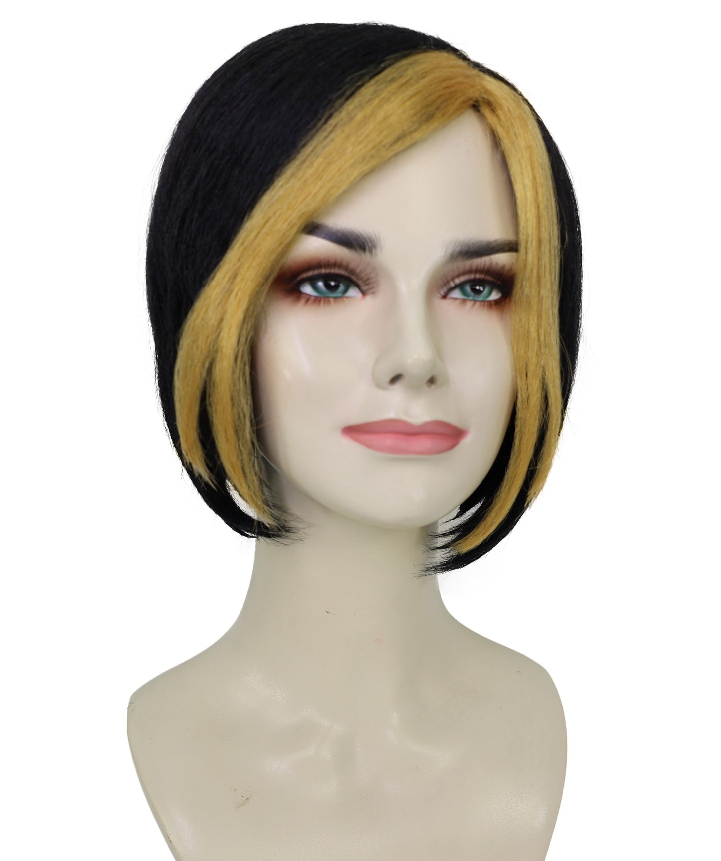 HPO Women's Shimmering Short Black Wig with Golden Highlights | Glam Supervillain-Inspired Hairpiece | For Cosplay, Halloween, Stage & Themed Events