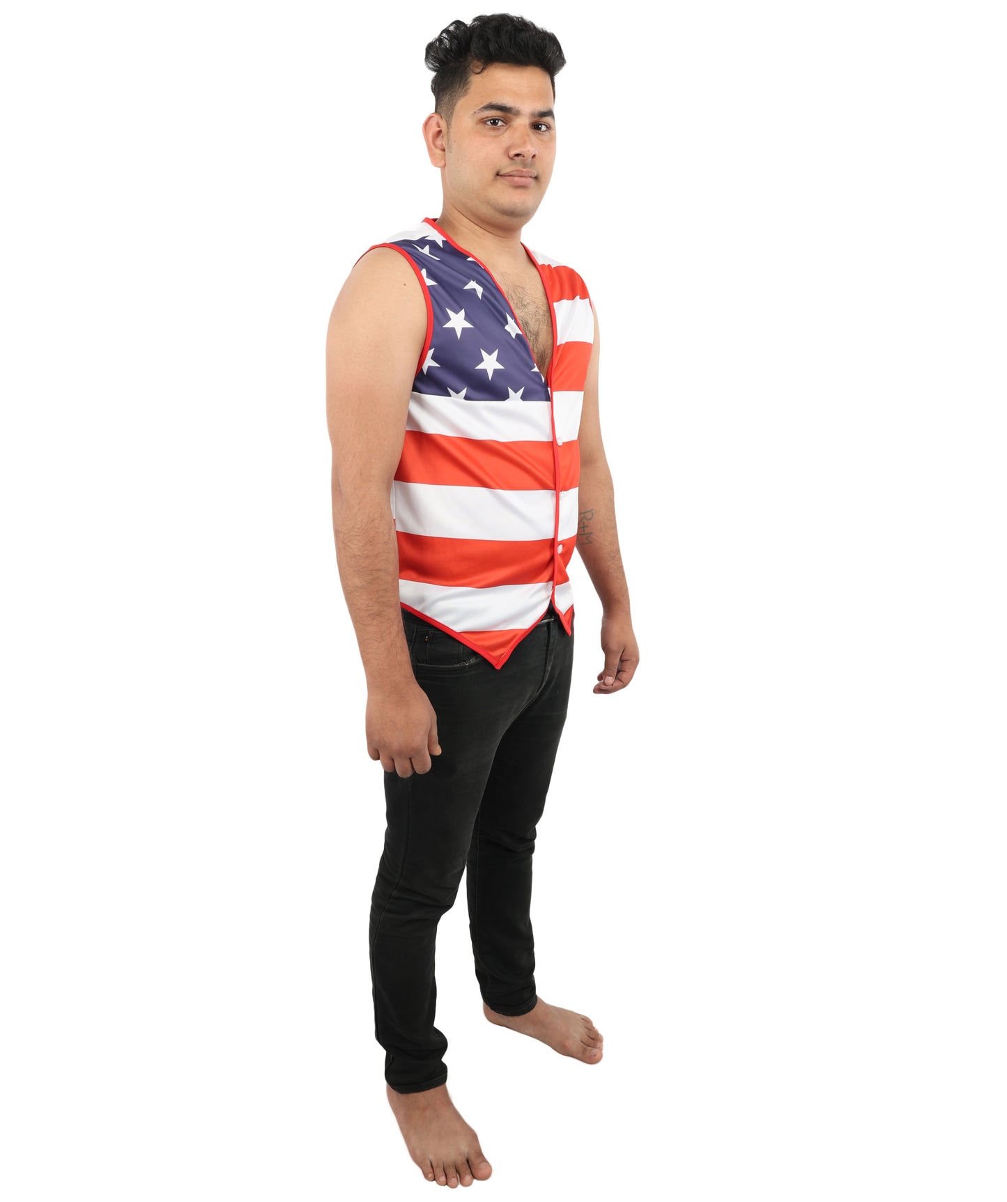 HPO Men's American Pride Waistcoat Costume | Sleeveless V-Neck Top Featuring USA Symbolism | Versatile for Stage Shows, Parades, and Election Parties