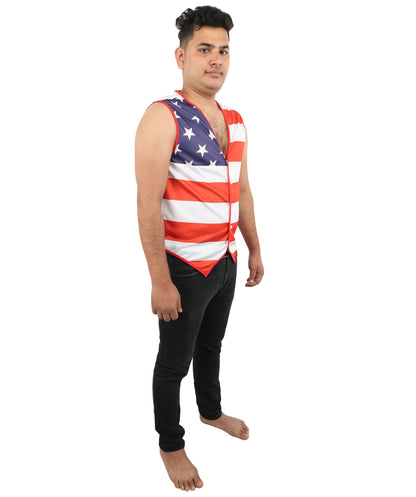HPO Men's American Pride Waistcoat Costume | Sleeveless V-Neck Top Featuring USA Symbolism | Versatile for Stage Shows, Parades, and Election Parties