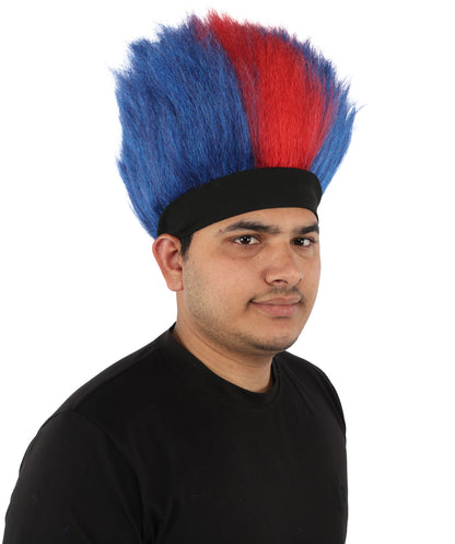 HPO Men's Red and Blue Mohawk Wig | Tall Spiky Texture Flame-retardant Synthetic Fiber Headband Design | Halloween Themed Party Championship Parade Accessory