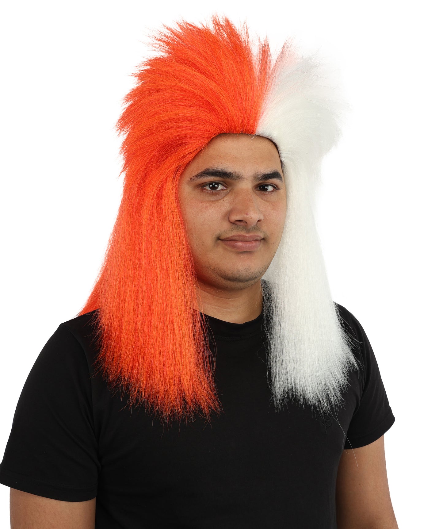HPO Men’s Red & White Mohawk Wig | Flame-Resistant Fan Hair for Sports Events, Team Spirit Parties, Festivals & National Celebrations | Breathable Capless Cap