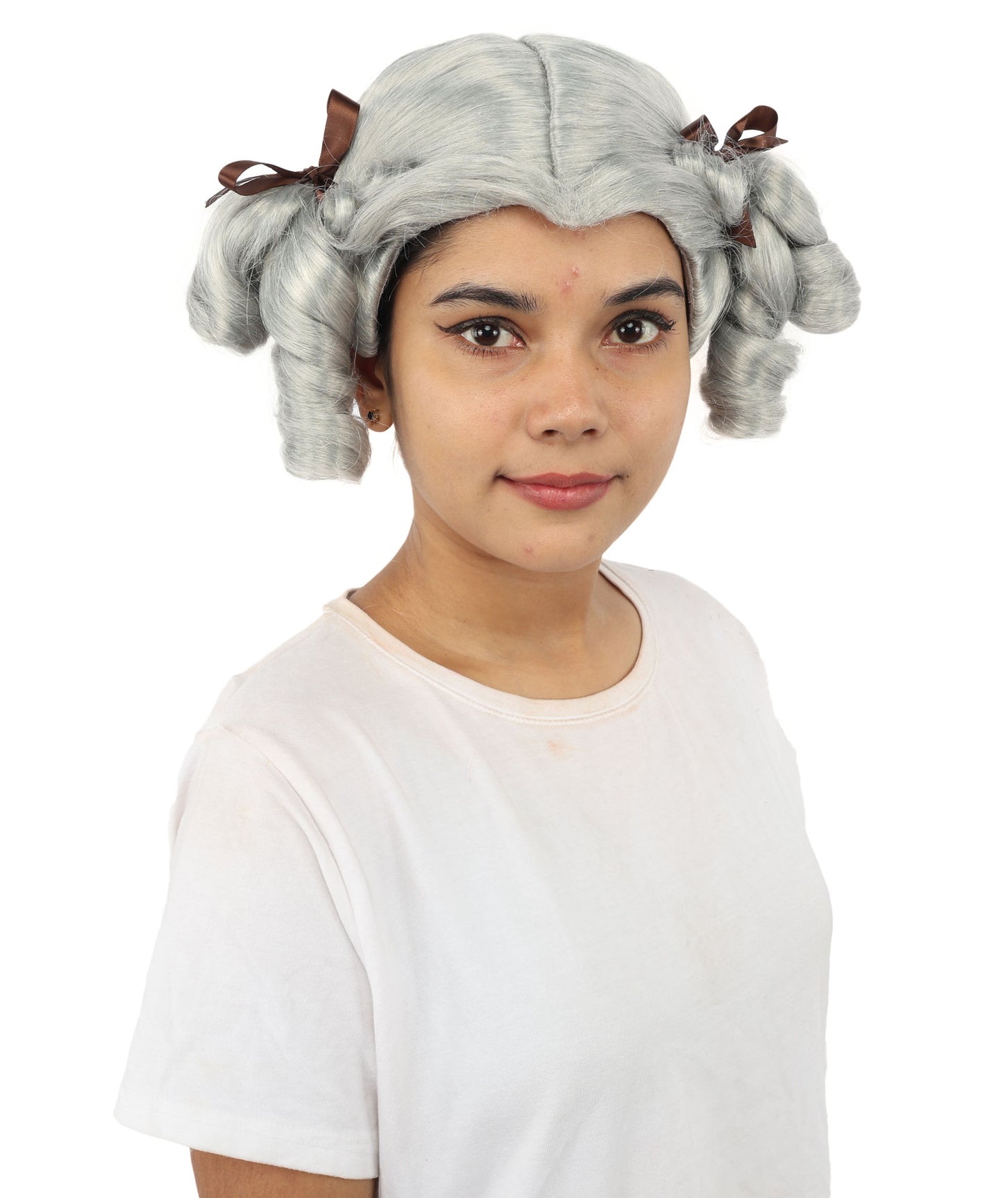HPO Women's Golden White Mixed Curly Pigtail Wig | Messy Ringlet Twin Tails with Attached Fabric Ribbons, Synthetic Fiber & Breathable Cap | Halloween, Movie Character Roleplay, Costume Party & Theater