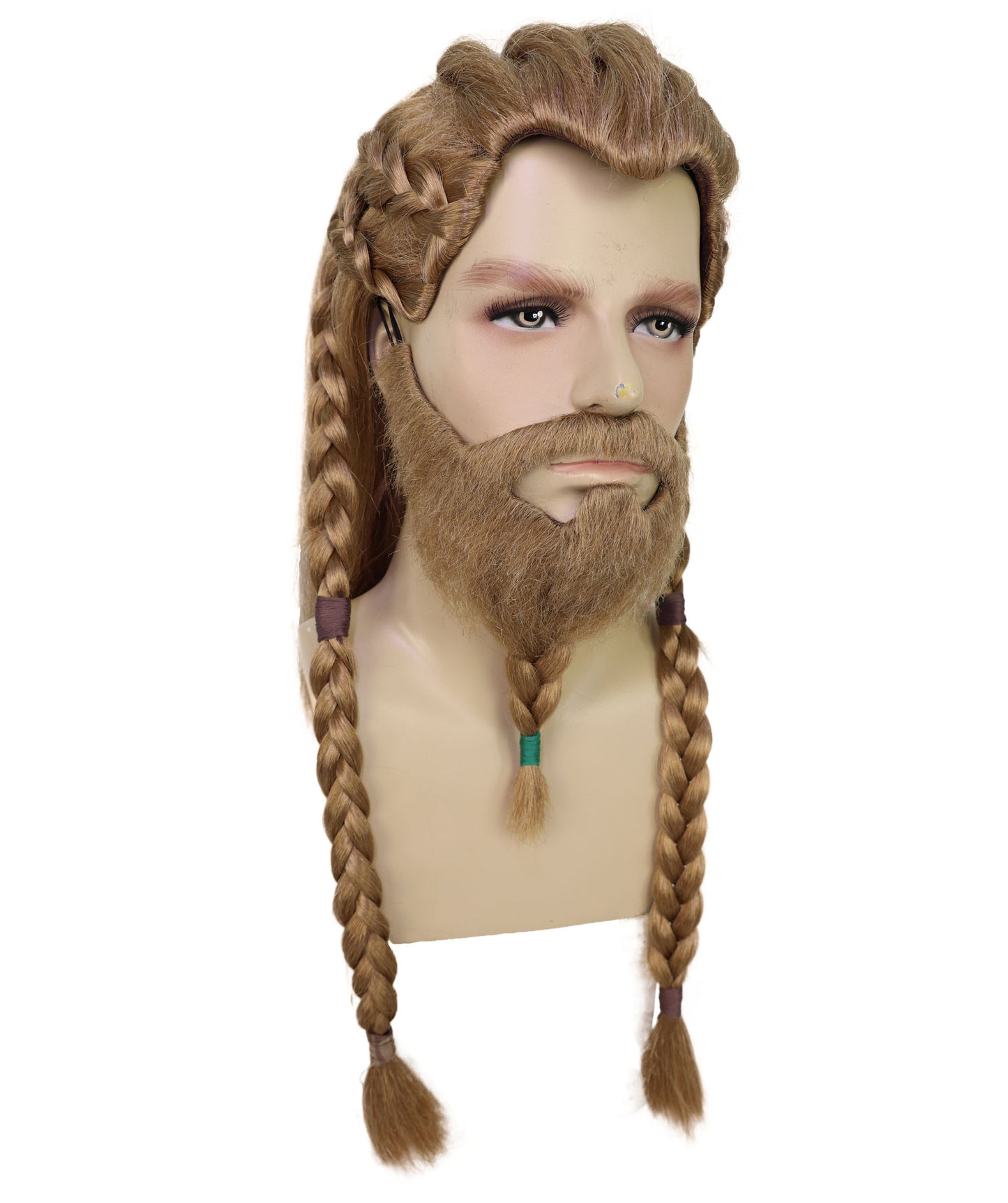 HPO Men's Viking Braided Brown Wig, Beard & Mustache Set | Long Synthetic Hair with Braided Styling | Nordic Warrior Inspired or Festivals, Parties