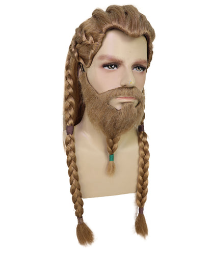 HPO Men's Viking Braided Brown Wig, Beard & Mustache Set | Long Synthetic Hair with Braided Styling | Nordic Warrior Inspired or Festivals, Parties