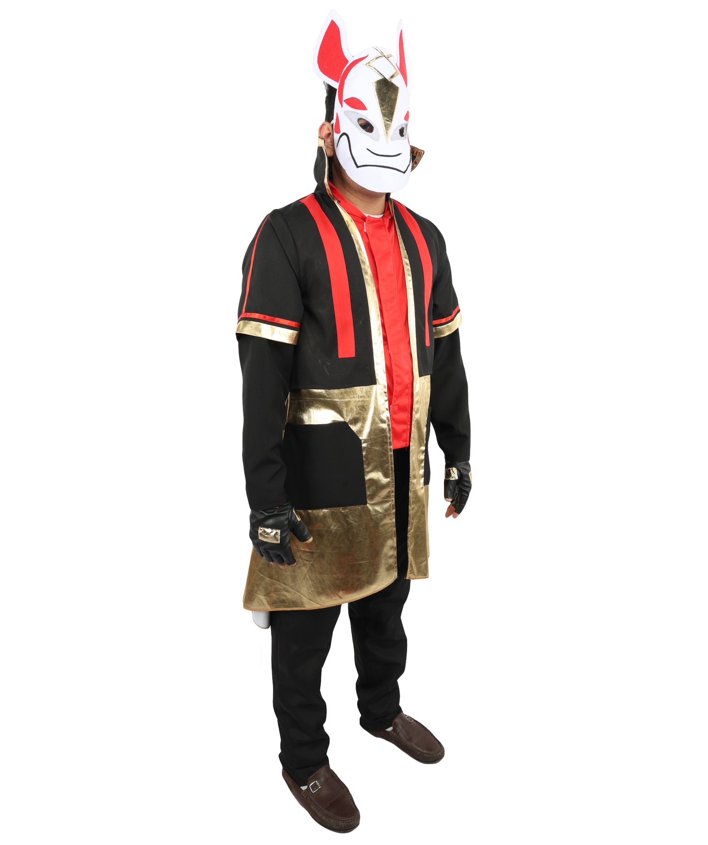 HPO Men's Neon Fox Streetwear Outfit | Multi-Layered Gold Satin and Ronior Fabric with Fox Mask and Gloves | Ideal for Cosplay, Halloween, Drag, and Urban Theater Performances