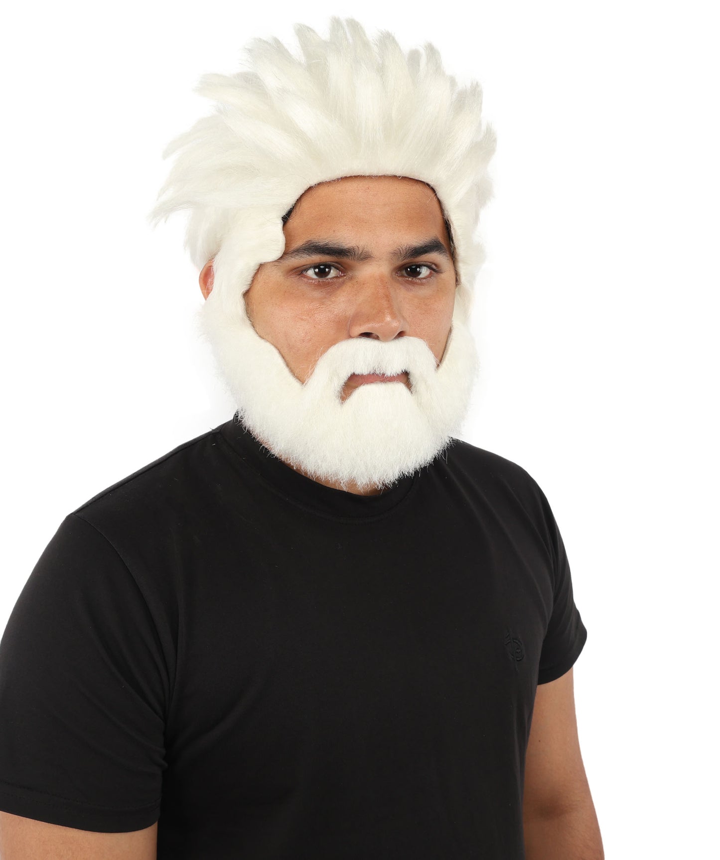 HPO Men’s Animated Genius Spiky Wig Beard & Mustache Set  – Wild Mad Scientist Pointed Beard & Curled Mustache Combo | Ideal for Animated Cosplay, Halloween Parties & Events