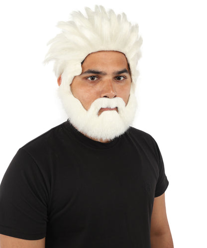 HPO Men’s Animated Genius Spiky Wig Beard & Mustache Set  – Wild Mad Scientist Pointed Beard & Curled Mustache Combo | Ideal for Animated Cosplay, Halloween Parties & Events