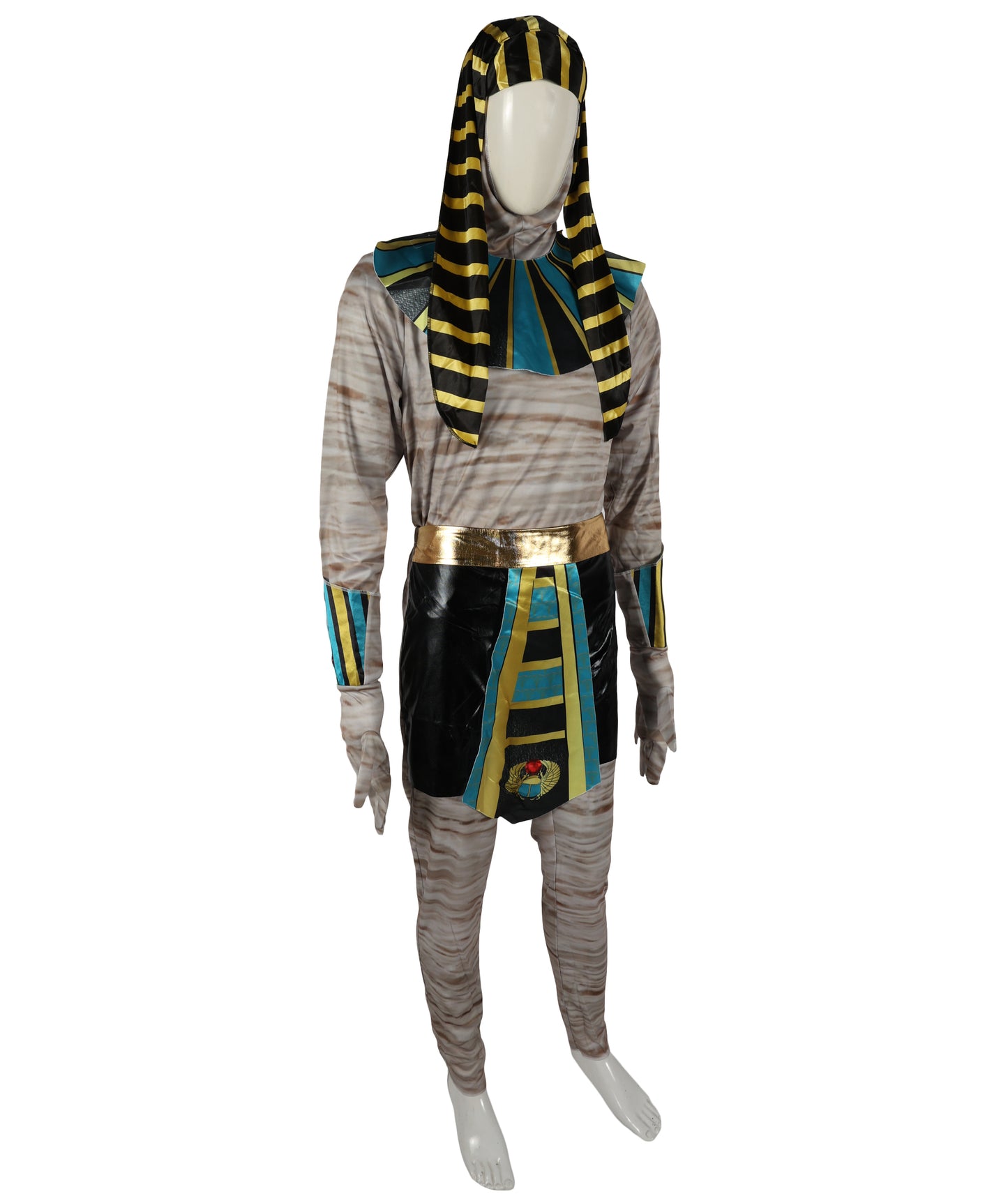 HPO Adult Men’s Mummy King Costume Set | Ancient Wrap Robes with Gold Accents & Regal Headpiece | Adjustable Fit | For Halloween & Egyptian-Themed Events