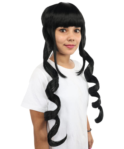 HPO Women's Spiral Curl Black Double Ponytails Wig | Long Synthetic Hairpiece with Twisted Ponytails | Cosplay, Parties, Stage Performances