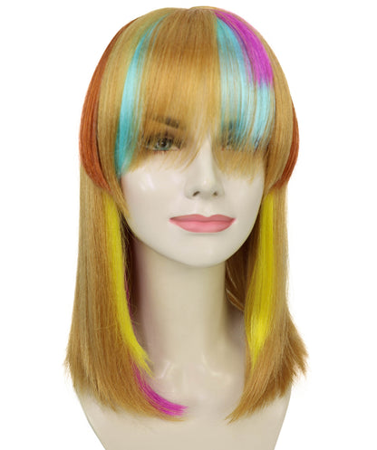 HPO Adult Women’s Vibrant Rainbow Fringe Wig | Bob with Colorful Streaks for Fashion | Breathable Capless Cap