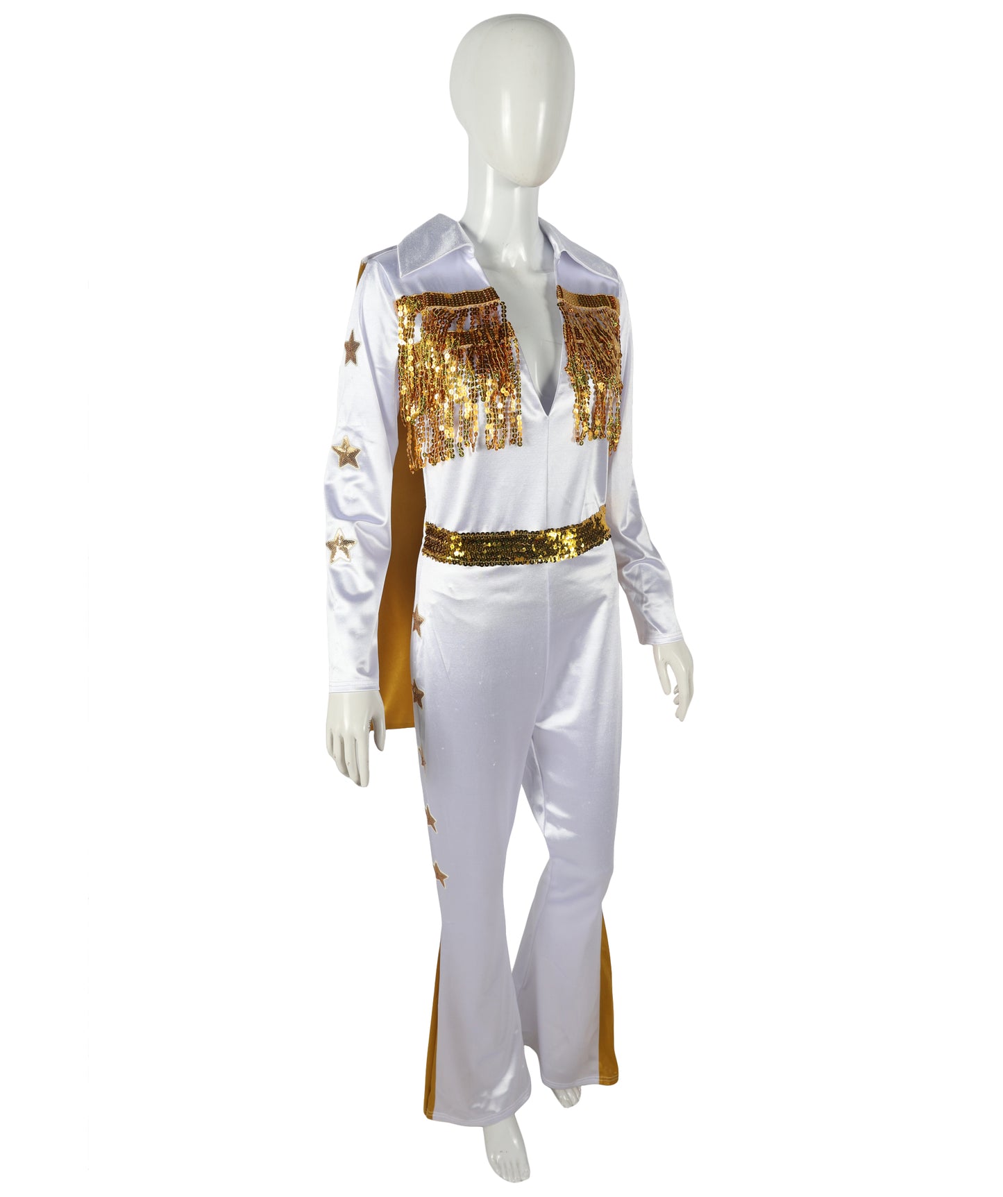 HPO Adult Women’s Elvis Jumpsuit Costume Set | Sparkling Rhinestone-Studded White Jumpsuit with Flared Legs & Matching Cape | Adjustable Fit | For Halloween Themed Events