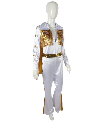 HPO Adult Women’s Elvis Jumpsuit Costume Set | Sparkling Rhinestone-Studded White Jumpsuit with Flared Legs & Matching Cape | Adjustable Fit | For Halloween Themed Events