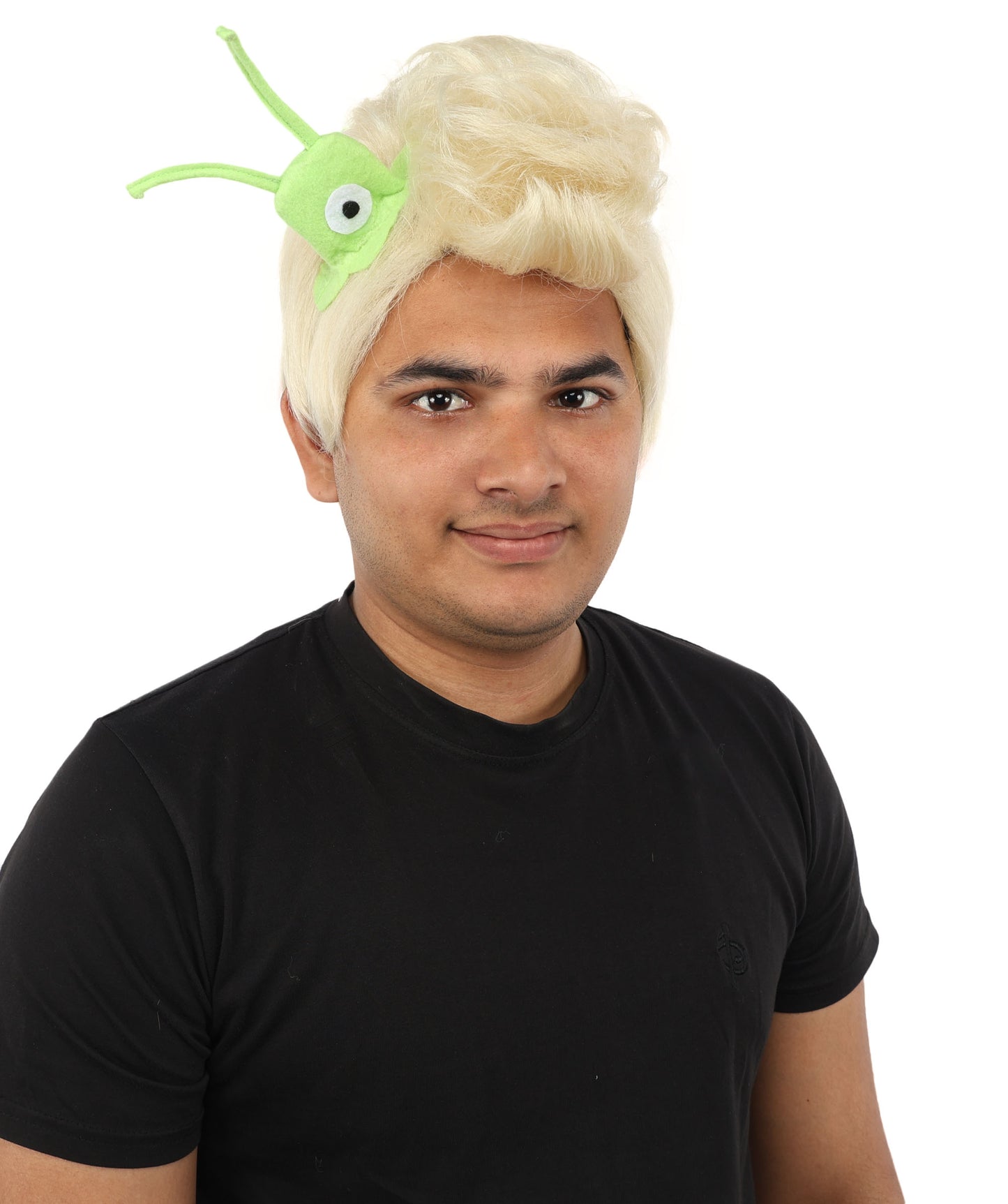 HPO Men's Brain Slug Orange Wig | Medium Spiked Synthetic Hair with Attached Green Alien Plush and Messy Texture | Sci-Fi Cosplay, Halloween, Cartoon Theme Party, and Funny Costume Accessories