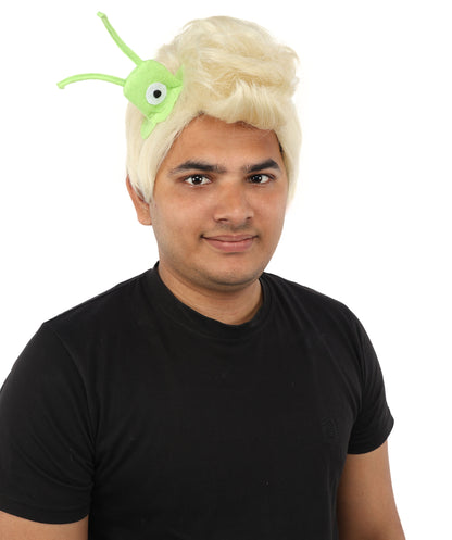 HPO Men's Brain Slug Orange Wig | Medium Spiked Synthetic Hair with Attached Green Alien Plush and Messy Texture | Sci-Fi Cosplay, Halloween, Cartoon Theme Party, and Funny Costume Accessories