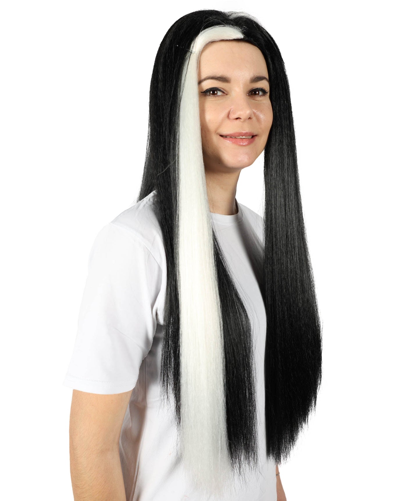 Women’s Extra Long Straight Black and White Widow’s Peak Wig with Center Part | High-Volume Hairpiece for Halloween, Cosplay & Gothic Character Looks