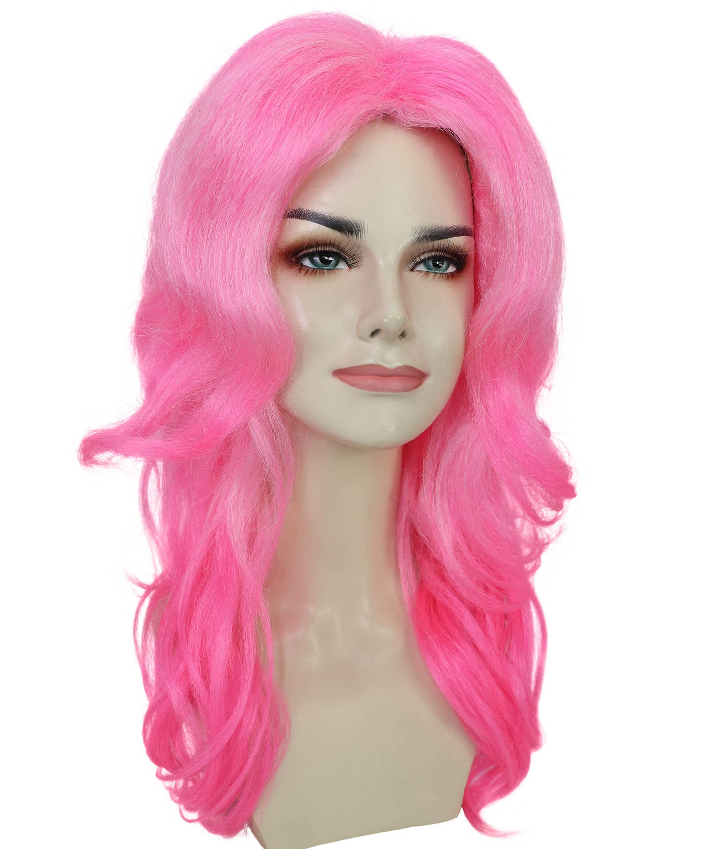 Adult Women’s Vibrant Pink Curly Long Wig | Silk Center-Part Hair Piece for Glam Looks | Flame-Retardant Synthetic Fiber | Ideal for Halloween and themed party