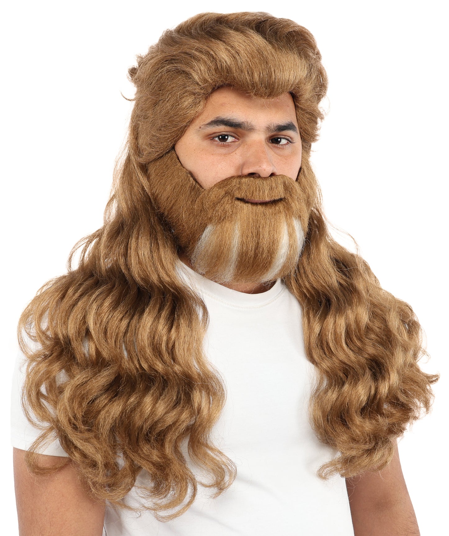 HPO Men’s Long Wavy Brown & White Mixed Wig Beard & Mustache Set – Royal Hairpiece with Adjustable Cap | Ideal for Historical Reenactment, Stage & Cosplay