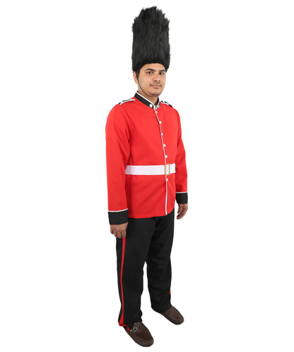 HPO Men’s Red Royal Guard Style Costume White Belt Black Pant & Cap– Palace Uniform Outfit with Gold Trim | Fancy Dress, Halloween Party & Cosplay Wear