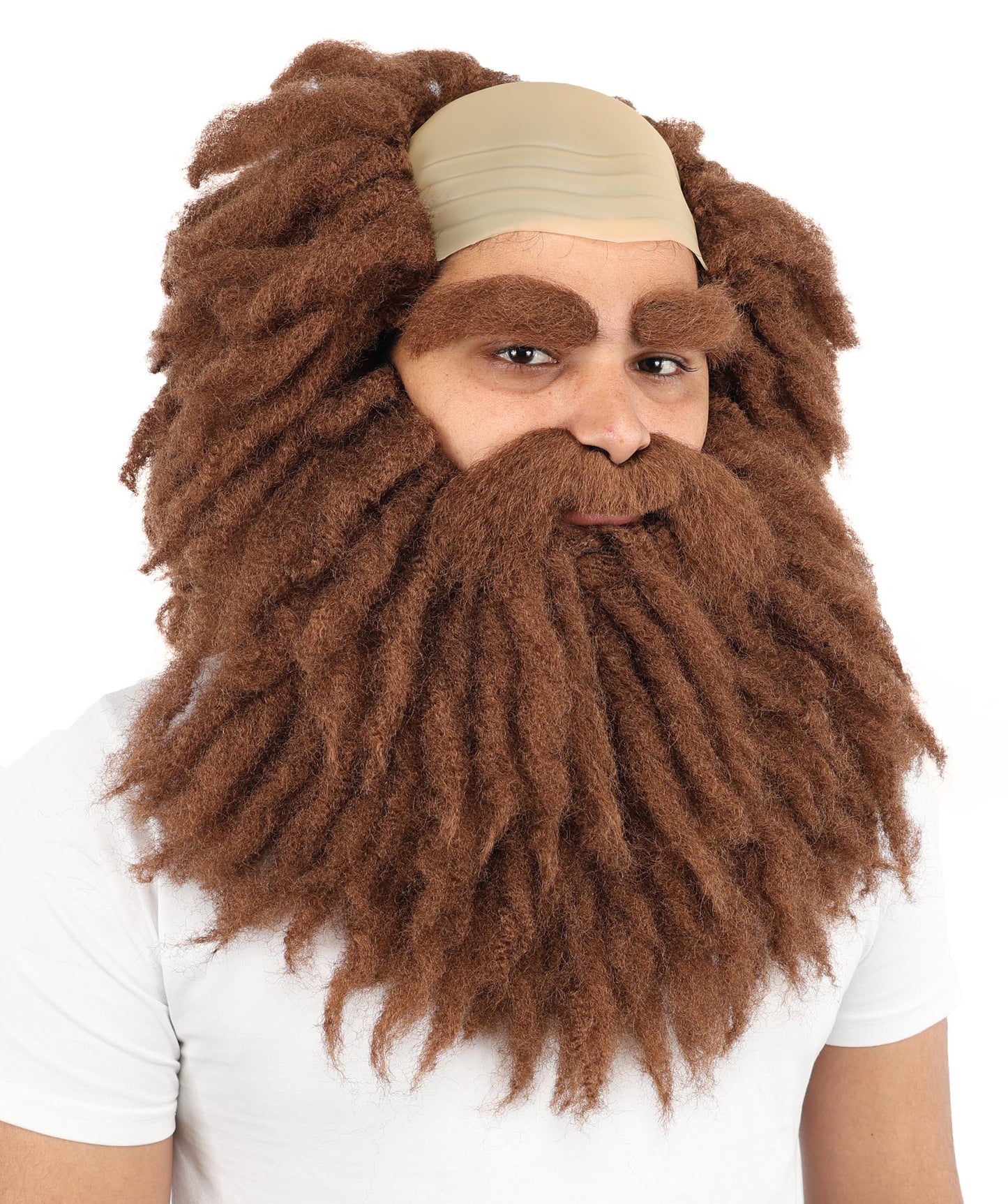 HPO Men's Bushy Brown Curly Beard Moustache Eyebrow and Wig Set | Wild Hair Look Costume Accessory with Bald Cap Design | Synthetic Fiber Wig Ideal for Stage Shows, Dress-Up & Party Events