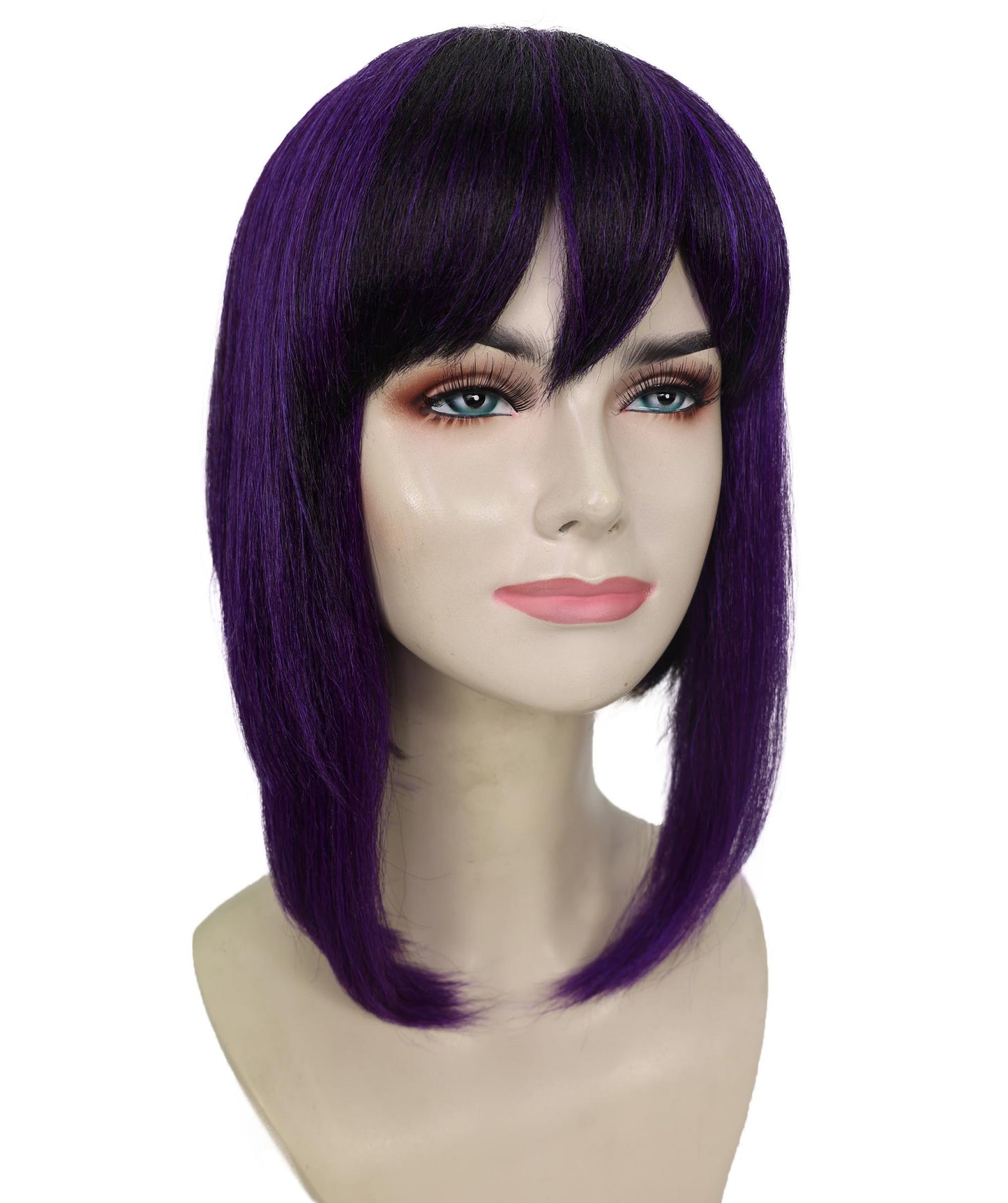 HPO Adult Women’s Anime-Inspired Medium Black Purple Bob Wig with Side Fringe | Straight Synthetic Cosplay Hair | Breathable Capless Cap Design