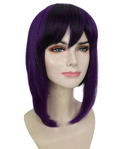 HPO Adult Women’s Anime-Inspired Medium Black Purple Bob Wig with Side Fringe | Straight Synthetic Cosplay Hair | Breathable Capless Cap Design