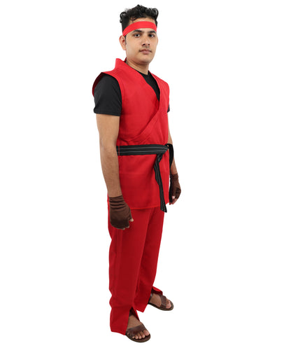 HPO Men Martial Arts Fighter Outfit | Red Gi Costume with Belt, Headband & Gloves, Body | Video Game Fighter costume For Cosplay & Themed Battle Events