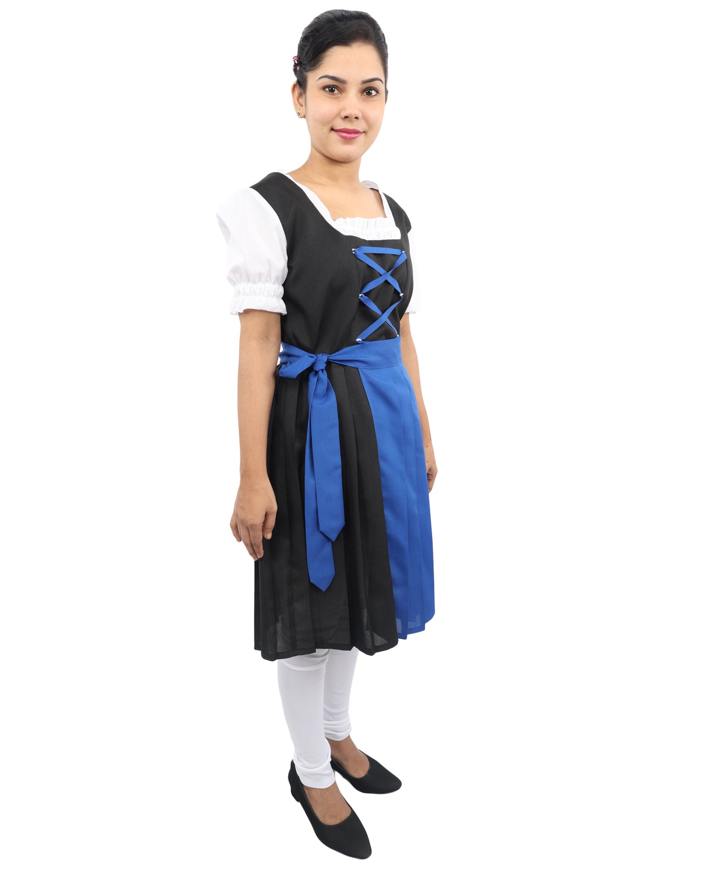 HPO Women's 3-Piece Black & Blue German Costume – Short Dress with Apron & Lace-Up Bodice