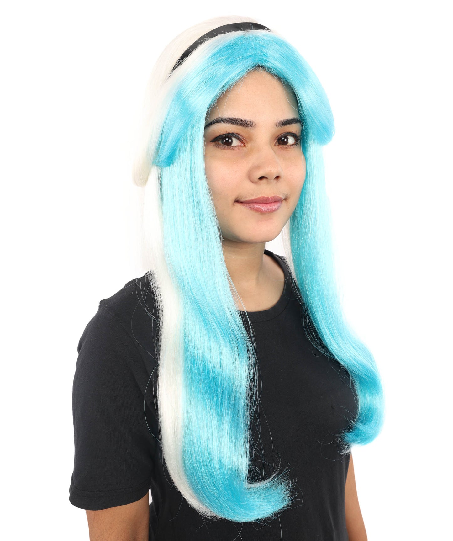 HPO Women's Long Two-Tone Blue and White Fairytale Wig | Twisted Waves with Ribbon Headband | Lightweight Synthetic Wig for Cosplay, Stage & Costume Parties