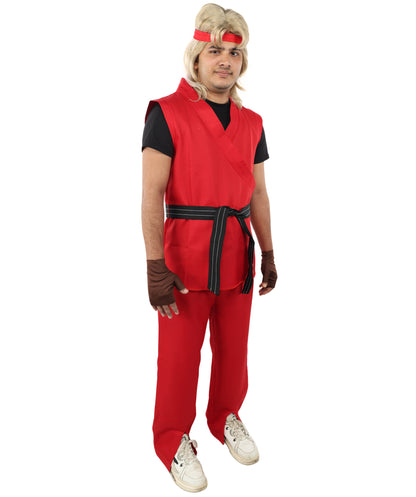 HPO Men Martial Arts Fighter Outfit | Red Gi Costume with Belt, Headband & Gloves, Body | Video Game Fighter costume For Cosplay & Themed Battle Events