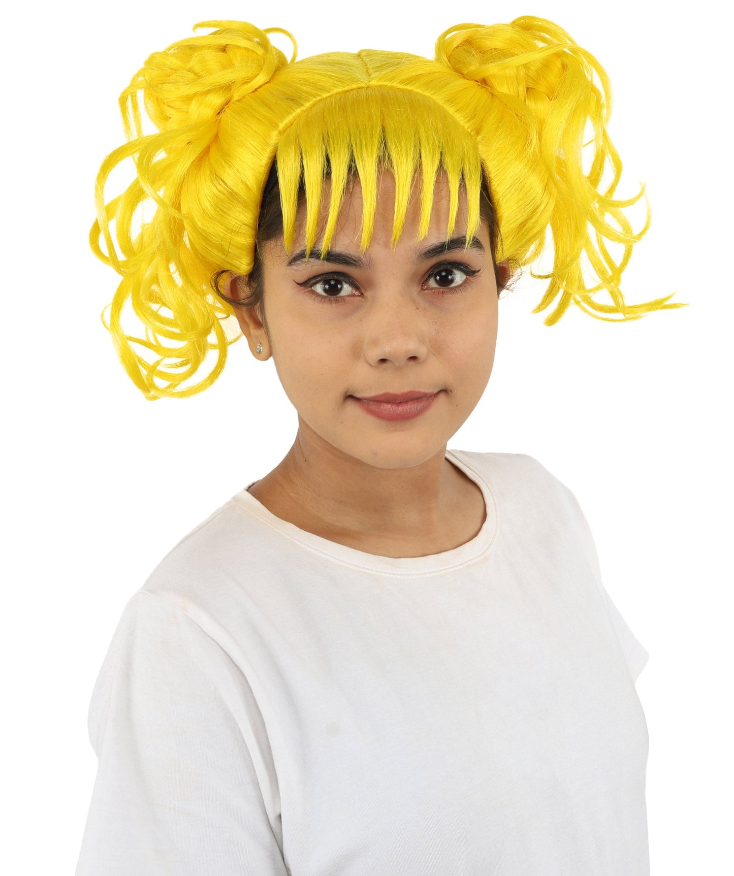 HPO Adult Women’s Messy Twin Bun Wig with Graphic Bangs | Multiple Color Options | Edgy Wig for Cosplay, Fashion Events, Halloween & Stage Wear | Adjustable Cap, Lightweight Synthetic Fiber