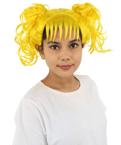 HPO Adult Women’s Messy Twin Bun Wig with Graphic Bangs | Multiple Color Options | Edgy Wig for Cosplay, Fashion Events, Halloween & Stage Wear | Adjustable Cap, Lightweight Synthetic Fiber