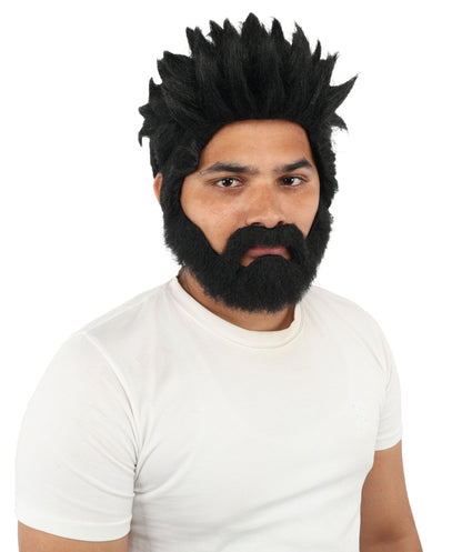 HPO Men’s Animated Genius Spiky Wig Beard & Mustache Set  – Wild Mad Scientist Pointed Beard & Curled Mustache Combo | Ideal for Animated Cosplay, Halloween Parties & Events