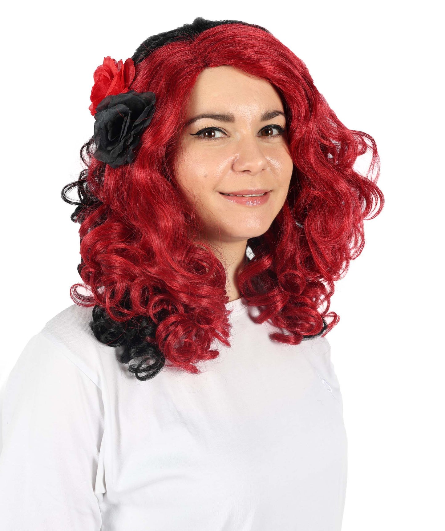 HPO Women’s Day of the Dead 17-Inch Black and Red Curly Wig with Flower | Halloween & Cosplay Wig | Flame-retardant Synthetic Fiber