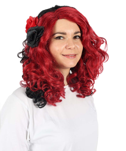 HPO Women’s Day of the Dead 17-Inch Black and Red Curly Wig with Flower | Halloween & Cosplay Wig | Flame-retardant Synthetic Fiber