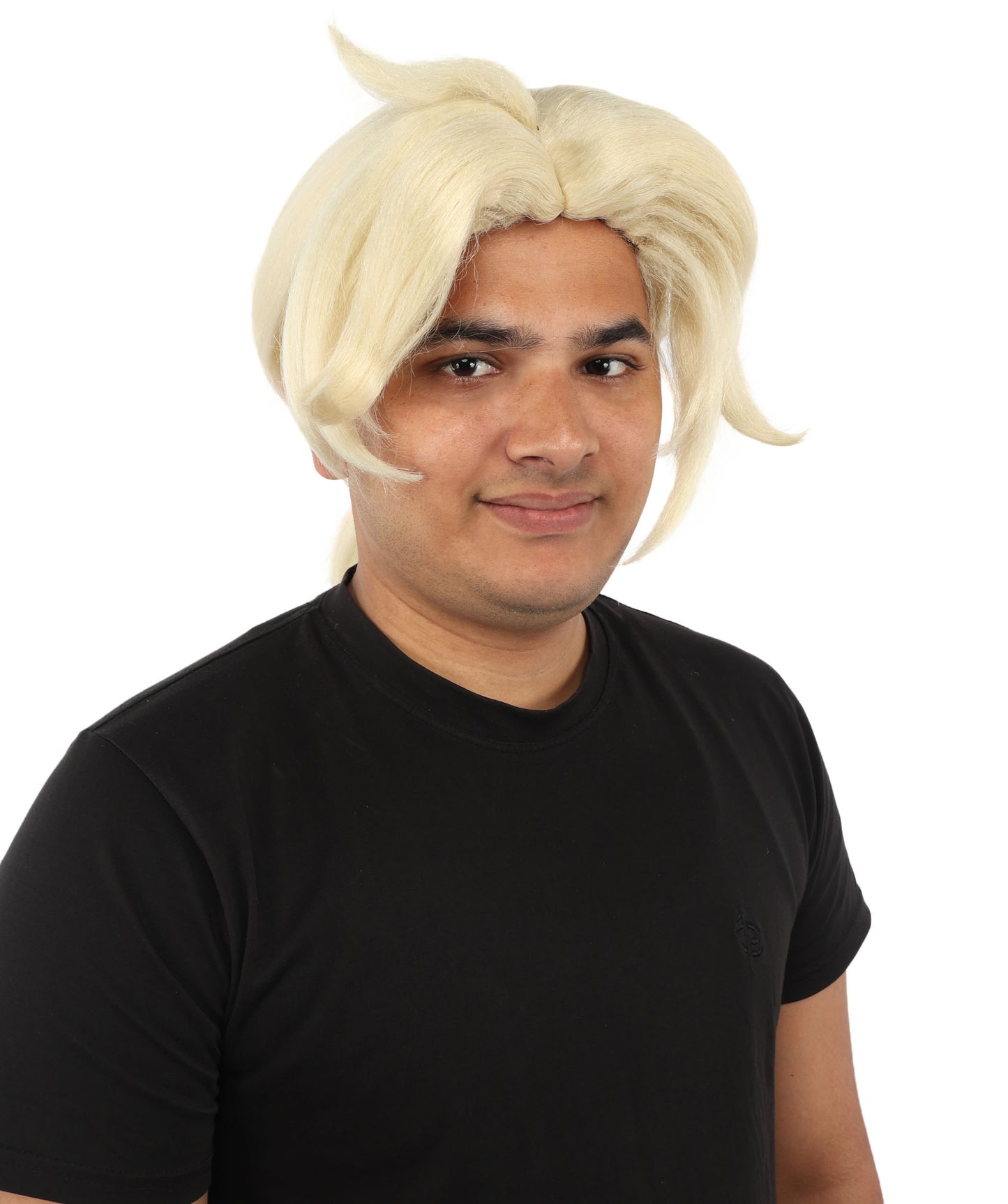 HPO Men's Golden Blonde Curtain Bang Wig | Shoulder Length Wavy Surfer Style, Heat Resistant Synthetic Fiber & Breathable Net | Halloween, Funny Roleplay, Theater, 90s Party & Costume Events