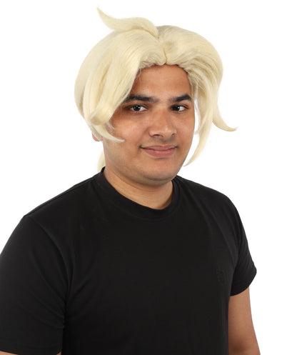HPO Men's Golden Blonde Curtain Bang Wig | Shoulder Length Wavy Surfer Style, Heat Resistant Synthetic Fiber & Breathable Net | Halloween, Funny Roleplay, Theater, 90s Party & Costume Events
