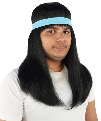 HPO Men's Long Auburn Wig with Headband | Straight Reddish Texture with Blunt Bangs & Included Teal Band, Heat Resistant Fiber | Halloween, Troll Roleplay, Fantasy Party, Carnival & Theater