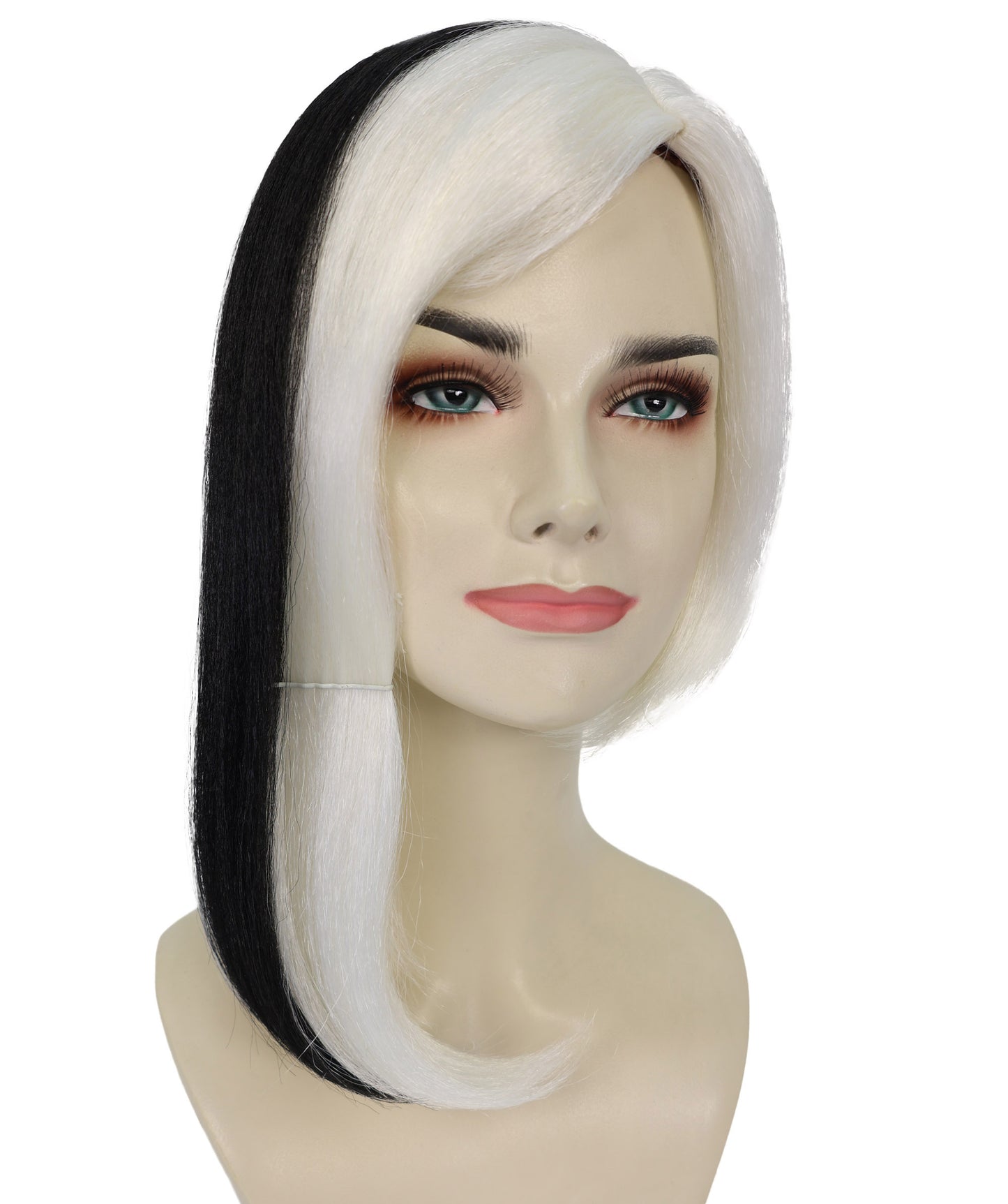 HPO Adult Women’s Glamour Diva White Wig with Black Streaks | Long Synthetic Costume Wig | Halloween Party Diva Look | Breathable Capless Fit, Soft Fiber
