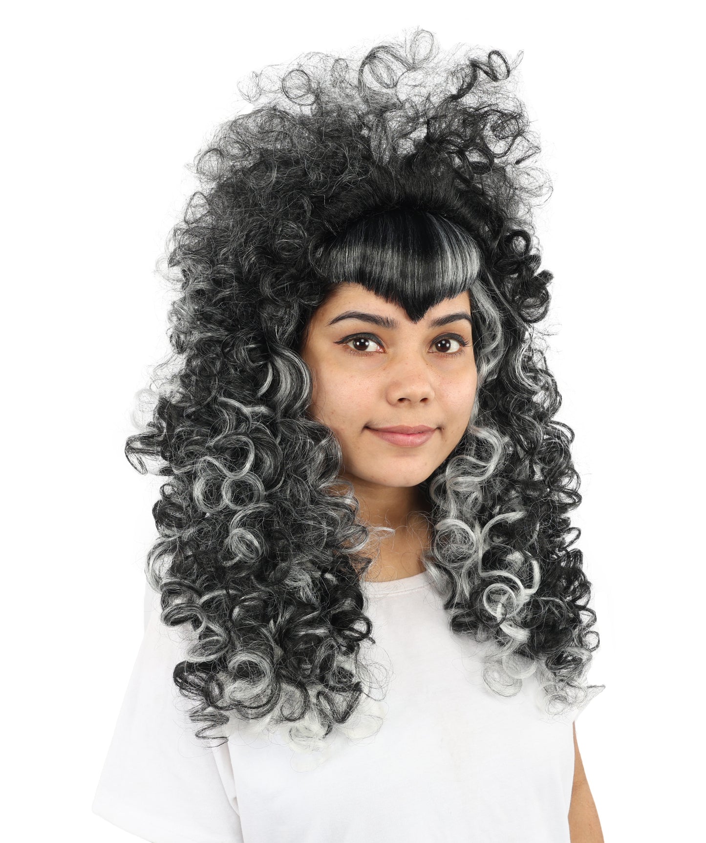 HPO Women's Vampire Mistress Curly Wig | Long Layered Black Hair with White Highlights and Teased Roots | Classic Horror Cosplay and Theme Parties