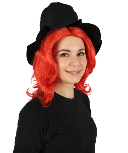 HPO Women's Elegant Gothic Orange Wig and Black Hat–Dark Chic Hairpiece Inspired by Modern Quirk, Premium Breathable Capless Cap