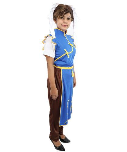 HPO Women’s Fighter Cosplay Blue and Brown Costume | Video Game Inspired Sleeveless Outfit with Top and Pant Structured Silhouette | Battle Outfit for Conventions, Parties & Roleplay