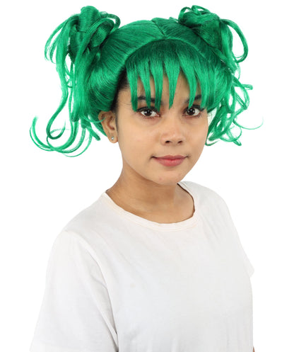HPO Adult Women’s Messy Twin Bun Wig with Graphic Bangs | Multiple Color Options | Edgy Wig for Cosplay, Fashion Events, Halloween & Stage Wear | Adjustable Cap, Lightweight Synthetic Fiber