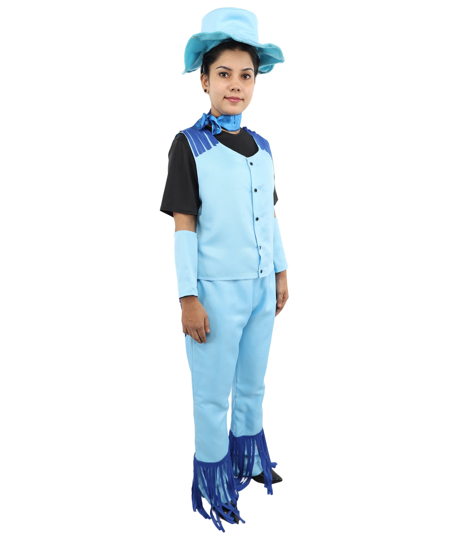 HPO Women's Western Cowgirl Costume – Blue & Black Rodeo Outfit with Hat, Vest, and Fringe Pants – Fashion wear for Party & Cosplay