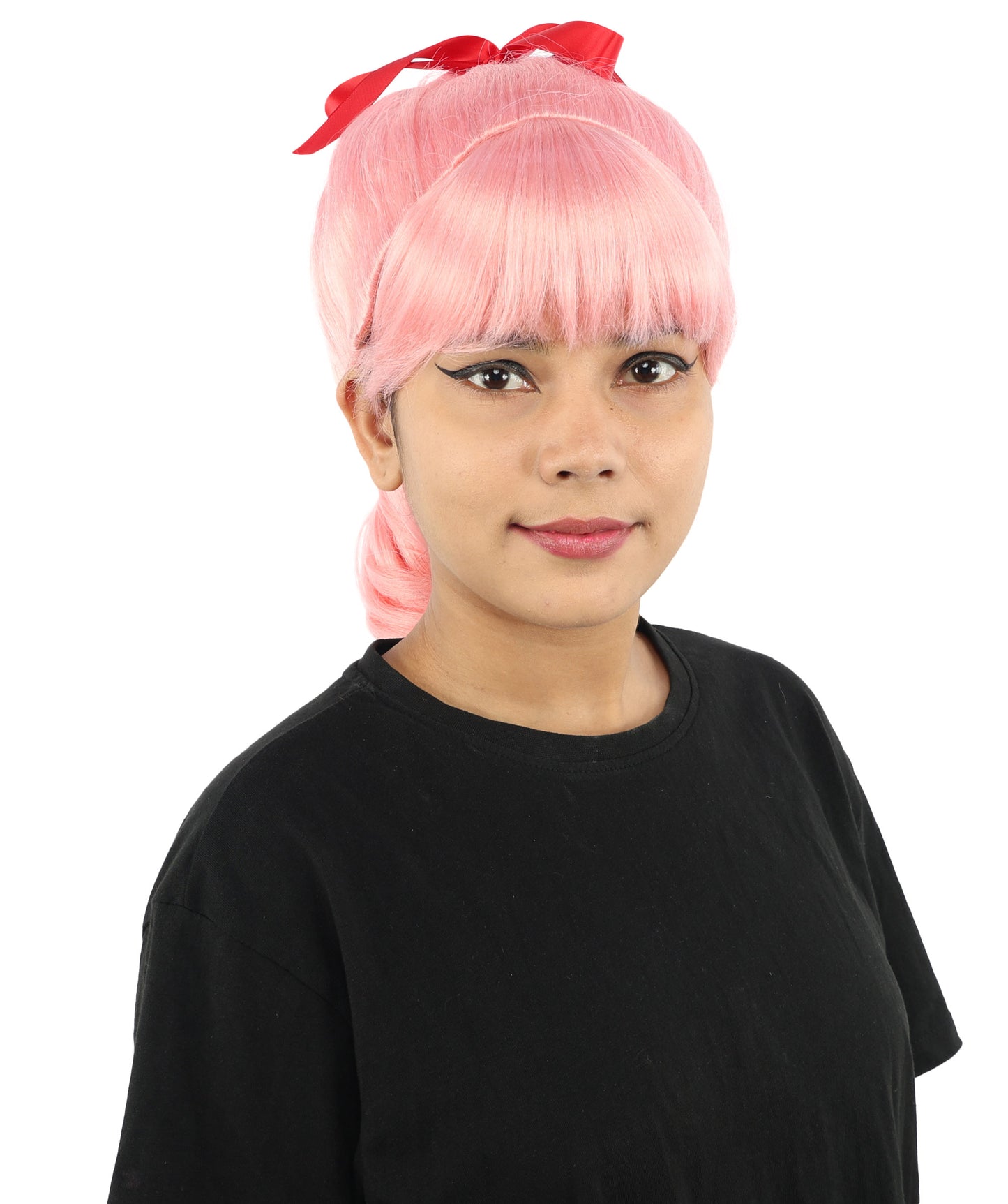 HPO Women's Spiral Ponytail Wig | Multicolor Options | High Updo with Red Ribbon Bow & Bangs, Heat Friendly Synthetic Fiber & Breathable Cap | Halloween, Christmas Event, Themed Party, Theater & Roleplay